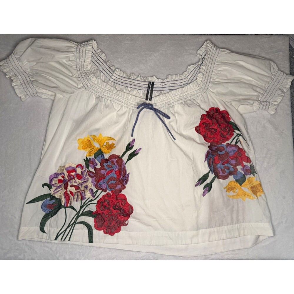 Anthropologie White Peasant Blouse Square Neck Puff Short Sleeve XL. A027